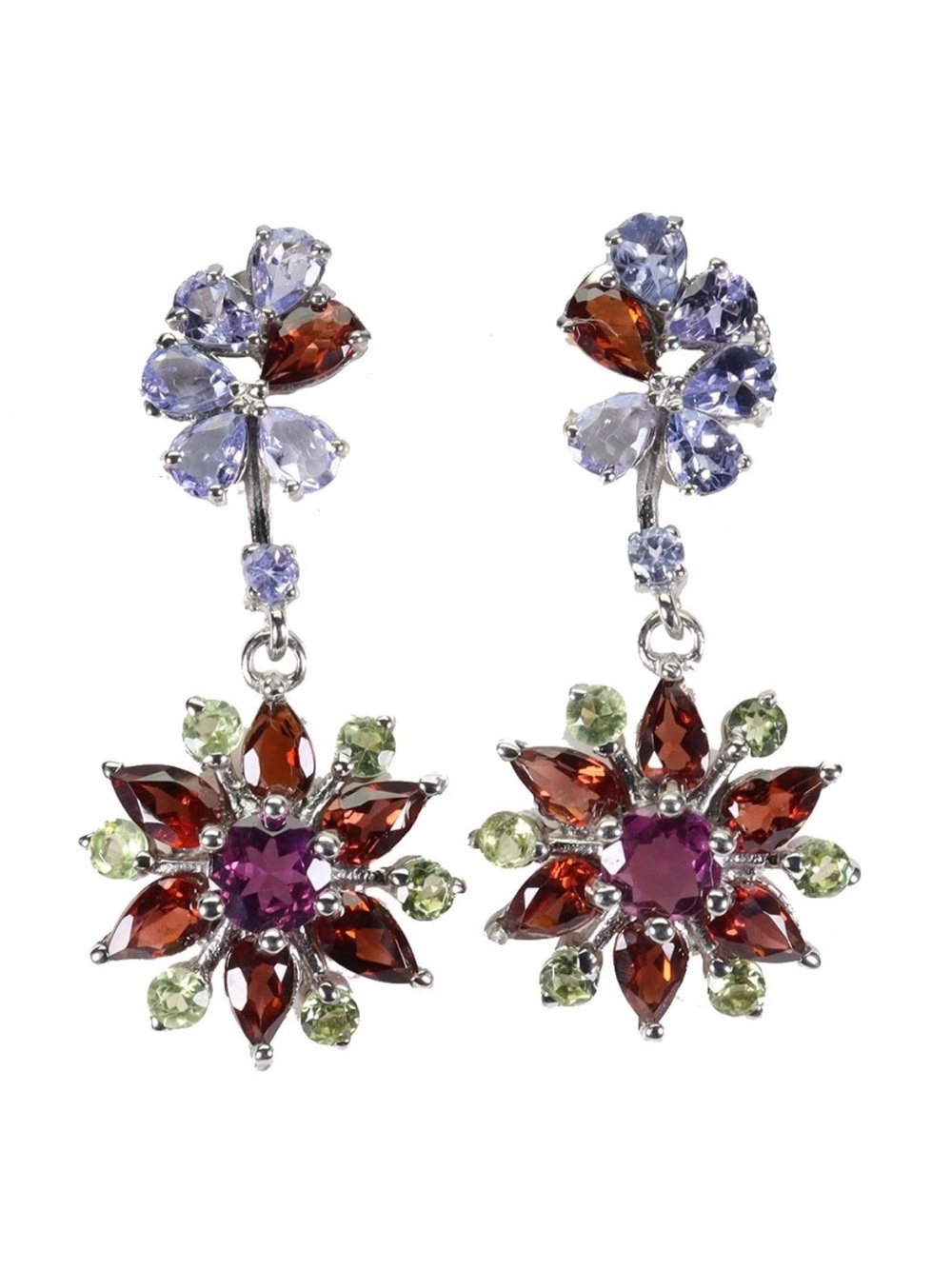Stunning Genuine Tanzanite, Garnet, peridot Drop Earrings 925 Sterling Silver
